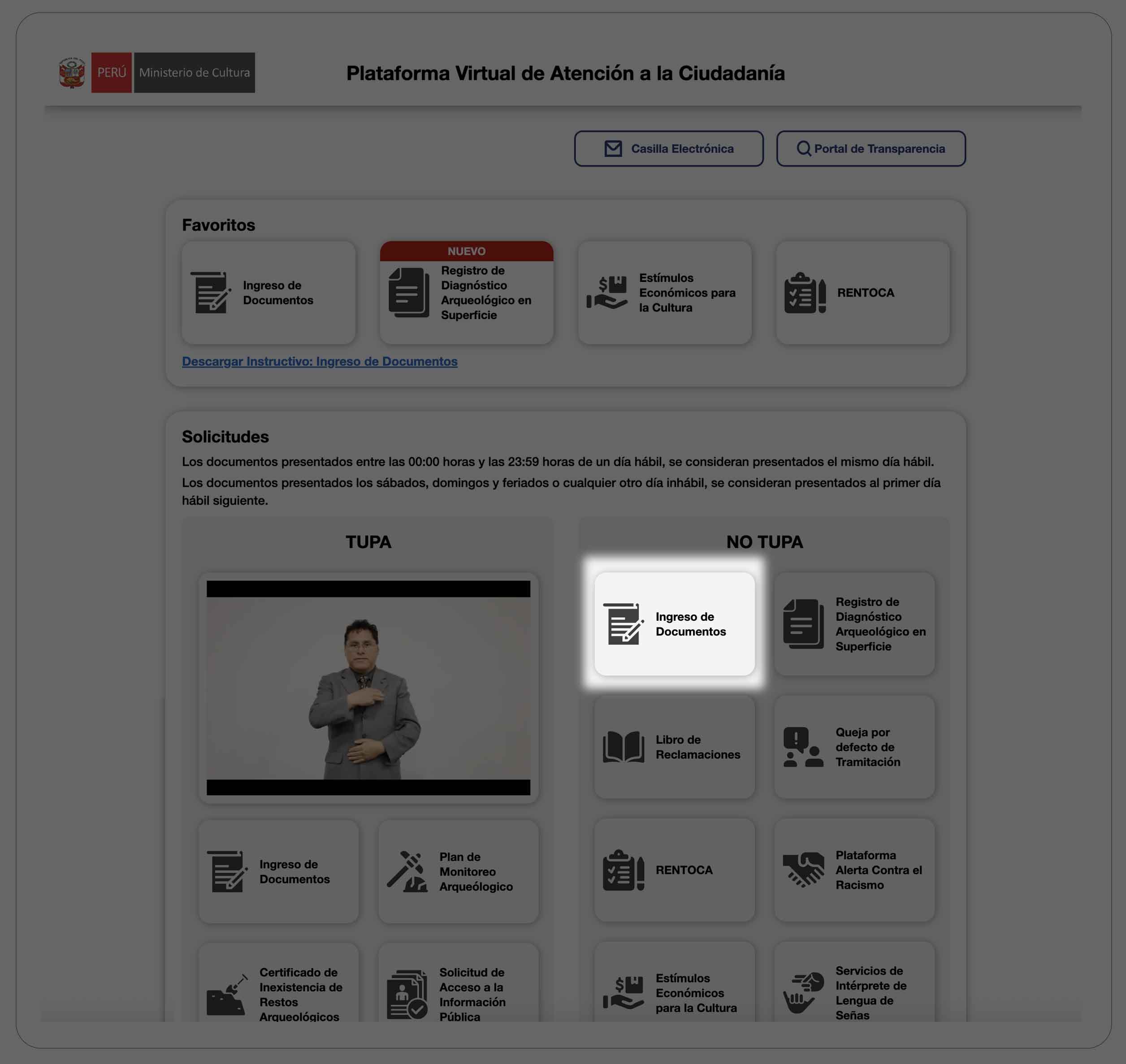 Referencia para ingreso de documentos No Tupa
